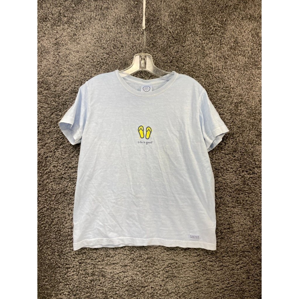 Life Is Good T-Shirt Women's Medium Blue 100% Cotton Flip Flops Graphic Pullover